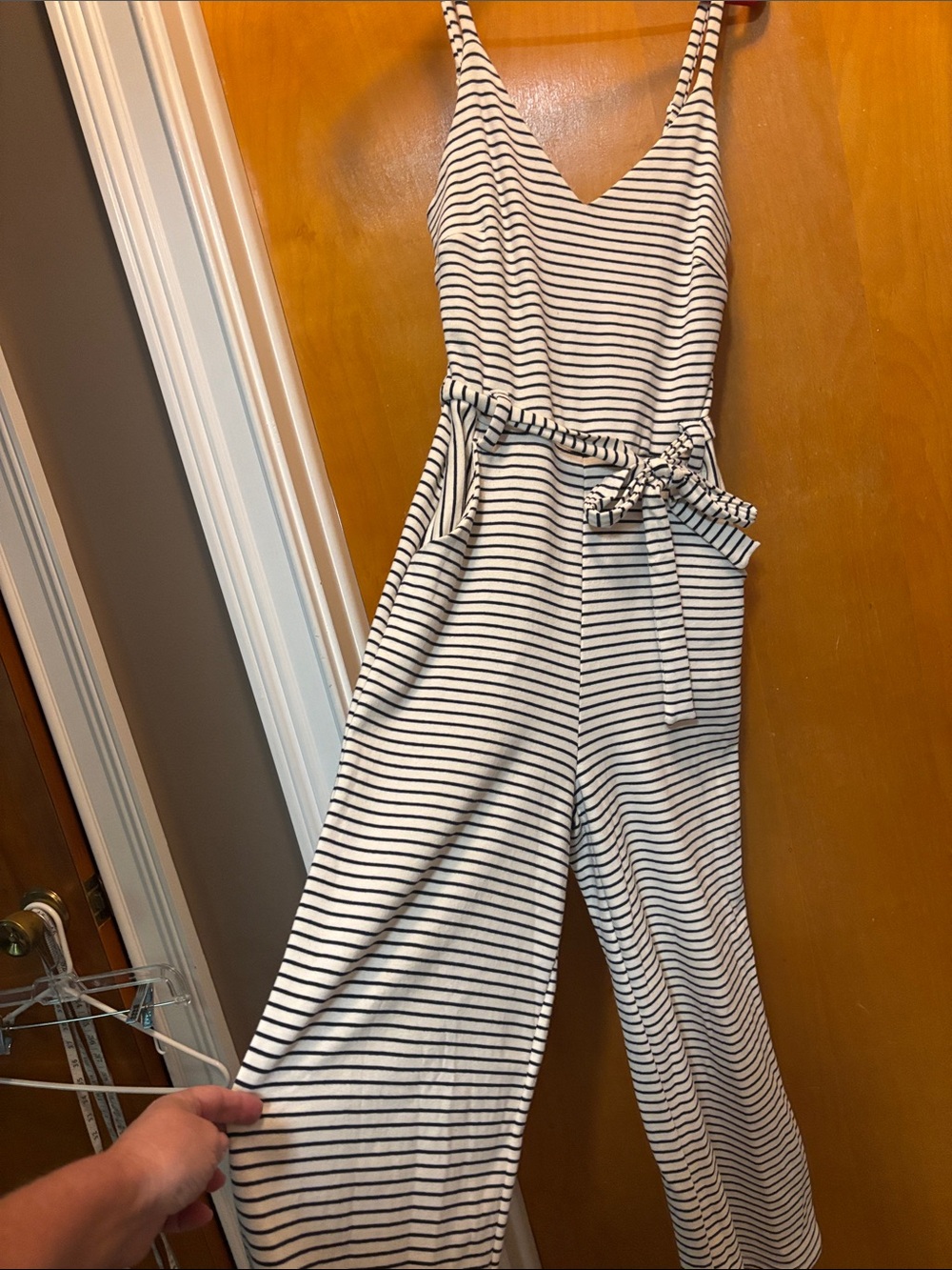 Monteau White and Black Striped V-Neck Tie-Waist Jumpsuit